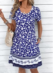 Tribal Print Patchwork Blue A Line Short Sleeve Dress