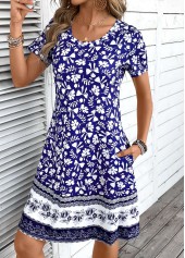 Tribal Print Patchwork Blue A Line Short Sleeve Dress
