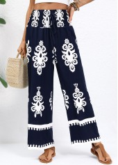 Tribal Print Navy Straight Leg Elastic Waist Pants