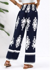 Tribal Print Navy Straight Leg Elastic Waist Pants