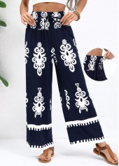 Tribal Print Navy Straight Leg Elastic Waist Pants