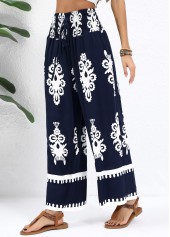 Tribal Print Navy Straight Leg Elastic Waist Pants