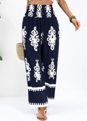 Tribal Print Navy Straight Leg Elastic Waist Pants