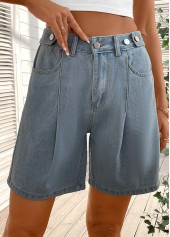 Denim Blue Straight Leg High Waisted Button Shorts