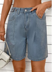 Denim Blue Straight Leg High Waisted Button Shorts