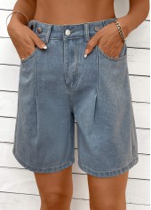 Denim Blue Straight Leg High Waisted Button Shorts