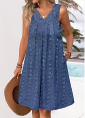 Denim Blue A Line Sleeveless V Neck Dress
