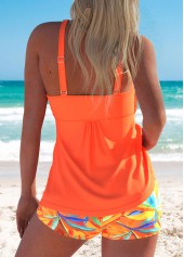 High Waisted Floral Print Smocked Orange Tankini Set