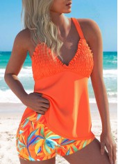 High Waisted Floral Print Smocked Orange Tankini Set