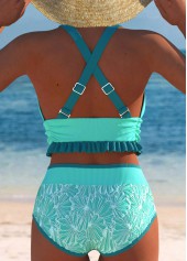 Mid Waisted Jacquard Cyan Bikini Set