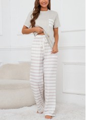 Striped Round Neck Grey Lounge Top and Pants