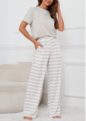 Striped Round Neck Grey Lounge Top and Pants