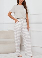 Striped Round Neck Grey Lounge Top and Pants
