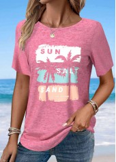 Tropical Plants Print Pink Short Sleeve T Shirt