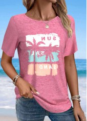 Tropical Plants Print Pink Short Sleeve T Shirt