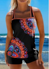 Plus Size Mid Waisted Black Tribal Print Tankini Set