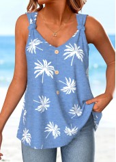 Plants Print Button Dusty Blue Strappy Tank Top