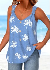 Plants Print Button Dusty Blue Strappy Tank Top