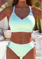 Mid Waisted Plaid Lace Up Light Green Bikini Set