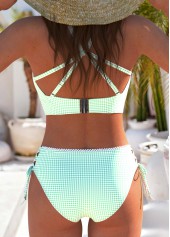 Mid Waisted Plaid Lace Up Light Green Bikini Set