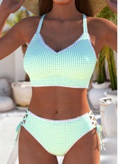 Mid Waisted Plaid Lace Up Light Green Bikini Set