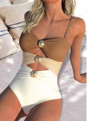 Cut Out Contrast Light Coffee One Piece Swimwear