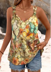 Butterfly Print Multi Color Strappy V Neck Tank Top