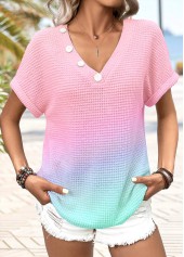 Button Pink Short Sleeve V Neck T Shirt