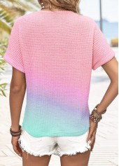 Button Pink Short Sleeve V Neck T Shirt