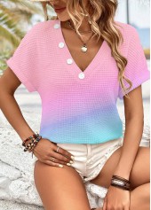 Button Pink Short Sleeve V Neck T Shirt