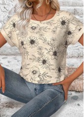 Floral Print Light Camel Short Sleeve T Shirt