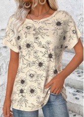 Floral Print Light Camel Short Sleeve T Shirt