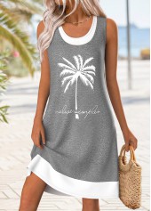 Tropical Plants Print Tummy Coverage Grey Short Sleeveless Dress