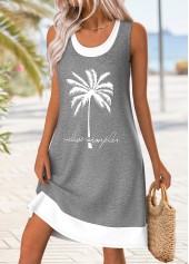 Tropical Plants Print Tummy Coverage Grey Short Sleeveless Dress