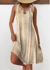 Geometric Print Tummy Coverage Light Camel A Line Dress