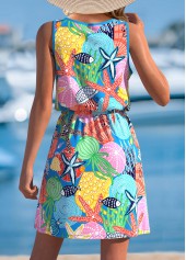 Marine Life Print Drawstring Multi Color Short Sleeveless Dress