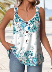 Floral Print Button Light Blue Strappy Tank Top