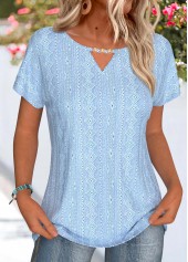 Lace Light Blue Short Sleeve Round Neck T Shirt