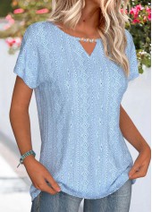 Lace Light Blue Short Sleeve Round Neck T Shirt