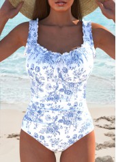 Floral Print Frill White One Piece Swimwear