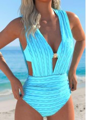 Button Cyan V-Neck One Piece Swimwear and Bra