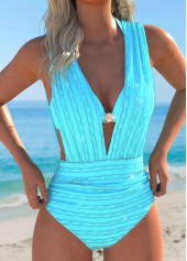 Button Cyan V-Neck One Piece Swimwear and Bra