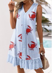 Marine Life Print Embroidery Light Blue A Line Dress