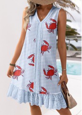 Marine Life Print Embroidery Light Blue A Line Dress