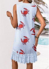 Marine Life Print Embroidery Light Blue A Line Dress