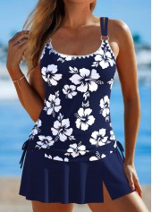 Mid Waisted Floral Print Ruched Navy Tankini Set