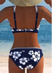 Mid Waisted Floral Print Contrast Binding Navy Bikini Set