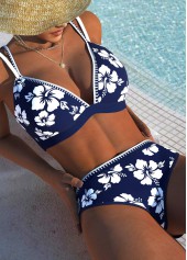 Mid Waisted Floral Print Contrast Binding Navy Bikini Set