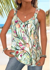 Floral Print Twist Light Green Sleeveless Tank Top