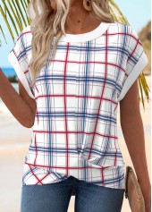 Plaid Patchwork White Short Sleeve Round Neck T Shirt